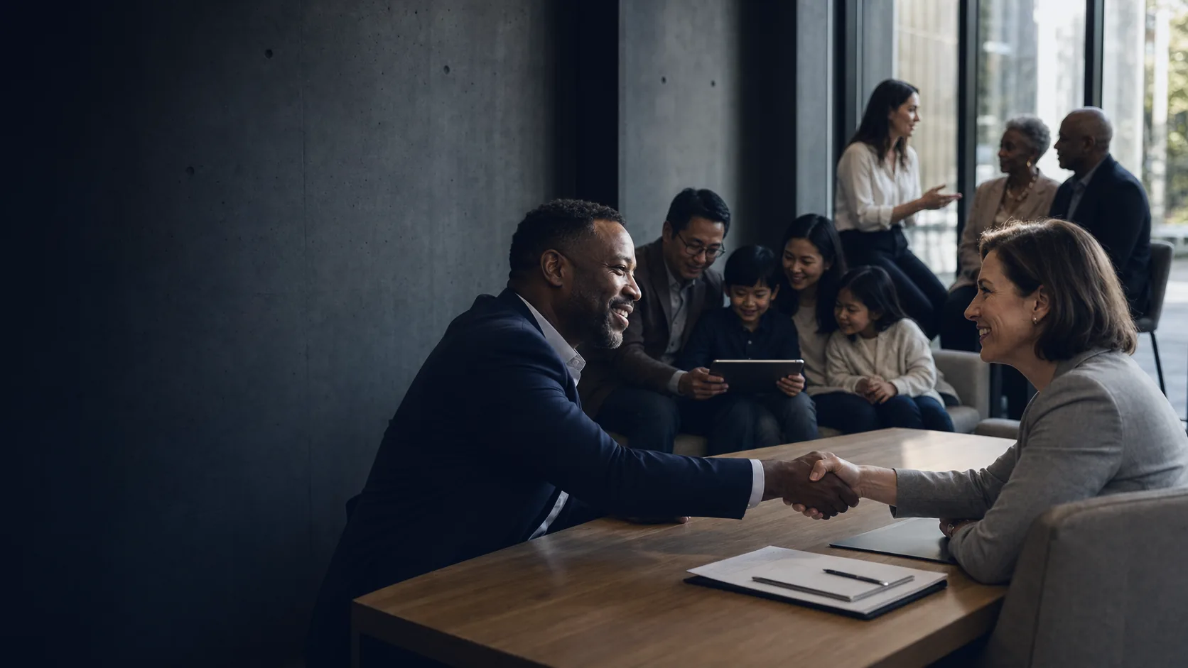 A financial advisor shaking hands with a client while a family reviews documents nearby
